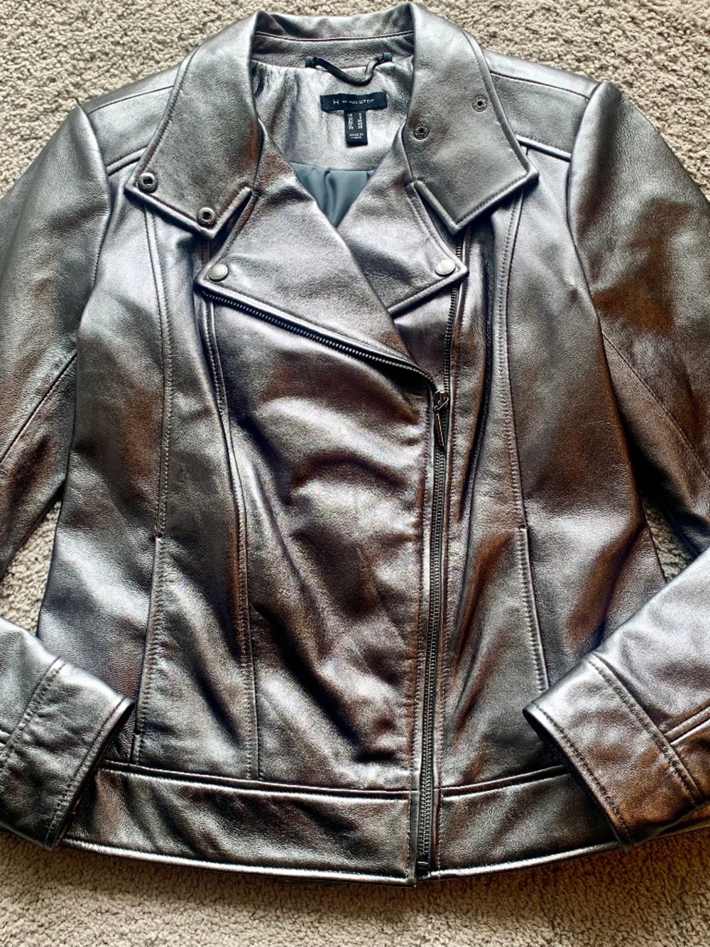 H by Halston Genuine Leather Moto Jacket Sz 4 Orig QVC Metallic Sheen EC